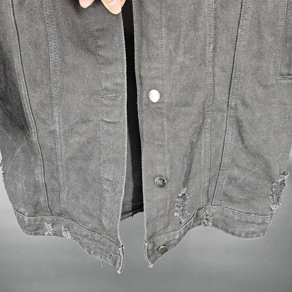 Long Jean Denim Jacket Women Large Black Distress Hole Trucker Punk Rock Gothic - Picture 9 of 16